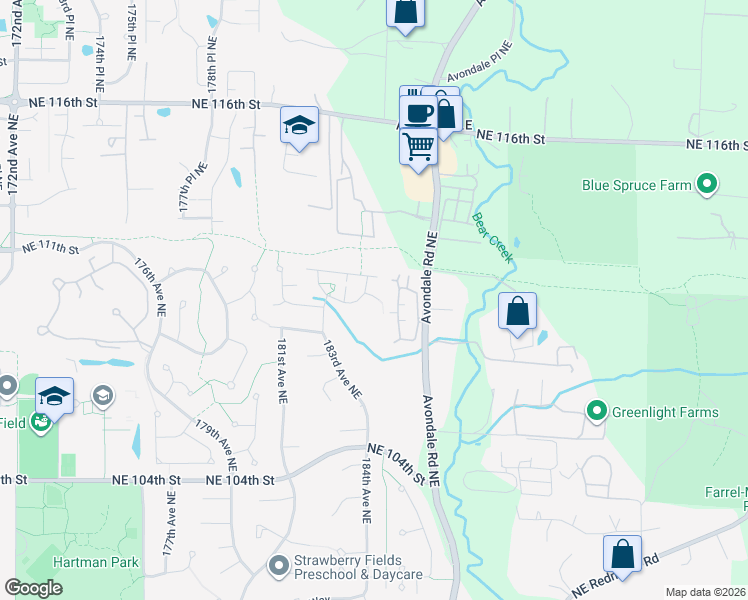 map of restaurants, bars, coffee shops, grocery stores, and more near 18321 Northeast 111th Street in Redmond