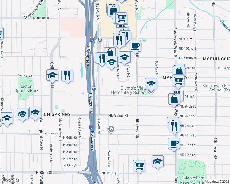 map of restaurants, bars, coffee shops, grocery stores, and more near 150 Northeast 95th Street in Seattle