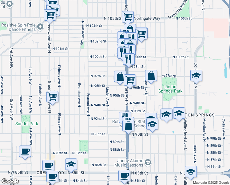 map of restaurants, bars, coffee shops, grocery stores, and more near 927 North 96th Street in Seattle