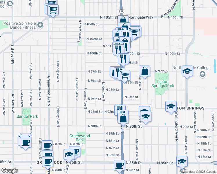 map of restaurants, bars, coffee shops, grocery stores, and more near 927 North 96th Street in Seattle