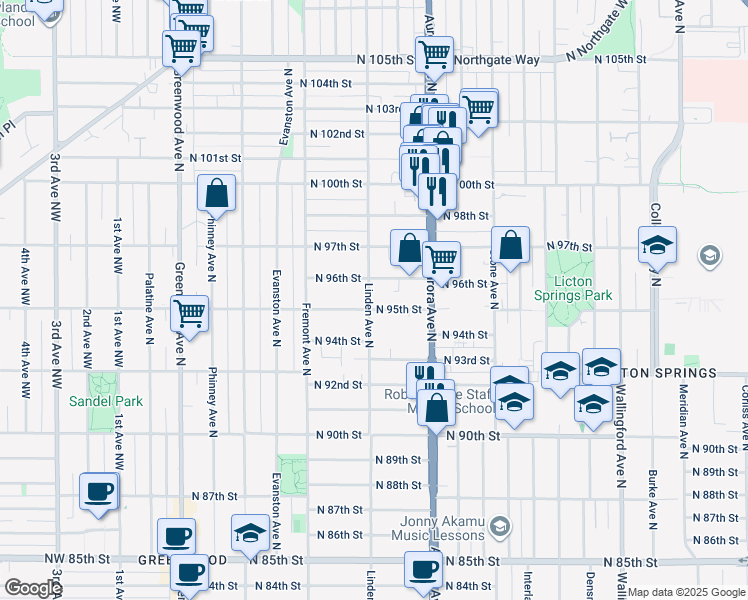 map of restaurants, bars, coffee shops, grocery stores, and more near 749 North 96th Street in Seattle