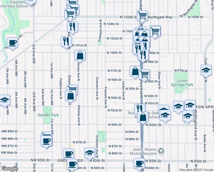 map of restaurants, bars, coffee shops, grocery stores, and more near 9525 Fremont Avenue North in Seattle