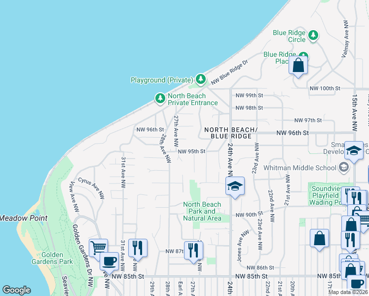 map of restaurants, bars, coffee shops, grocery stores, and more near 2635 Northwest 96th Street in Seattle