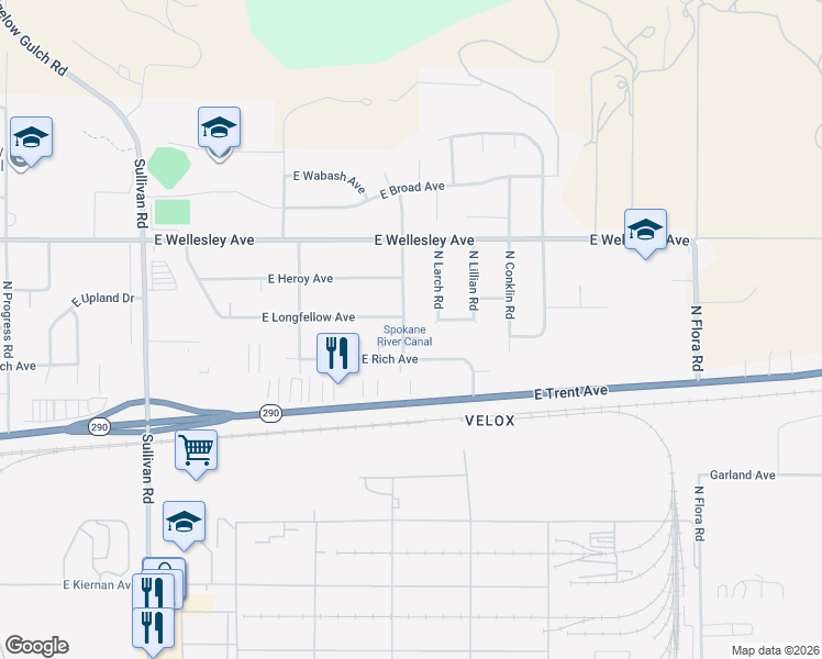 map of restaurants, bars, coffee shops, grocery stores, and more near 4513 North Larch Road in Spokane Valley