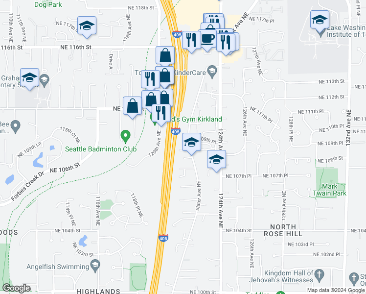 map of restaurants, bars, coffee shops, grocery stores, and more near 10839 Slater Avenue Northeast in Kirkland