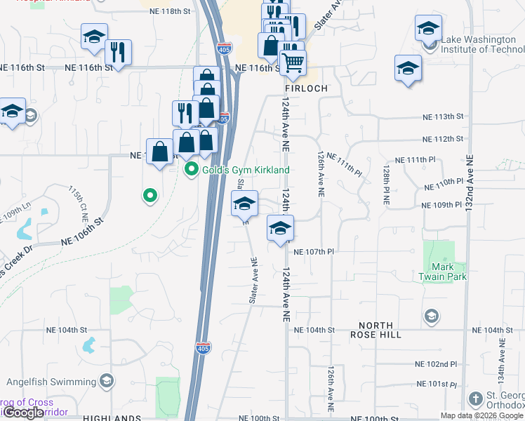 map of restaurants, bars, coffee shops, grocery stores, and more near 12317 Northeast 109th Place in Kirkland