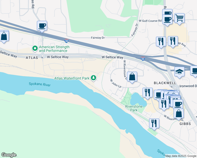 map of restaurants, bars, coffee shops, grocery stores, and more near 2426 North Atlas Road in Fernan Lake Village