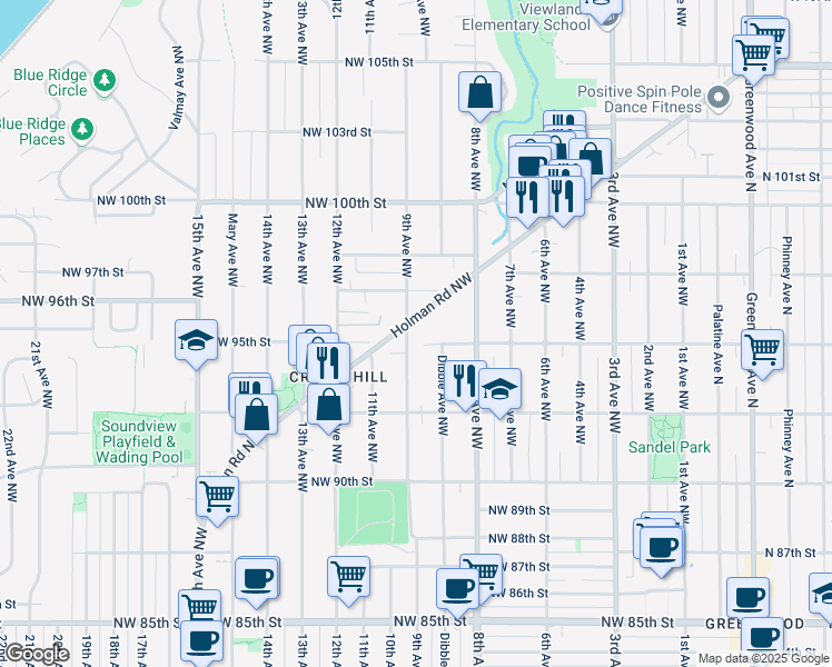 map of restaurants, bars, coffee shops, grocery stores, and more near 9510 9th Avenue Northwest in Seattle
