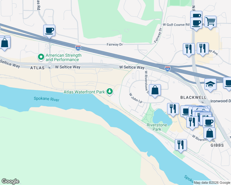 map of restaurants, bars, coffee shops, grocery stores, and more near 2968 West Suzanne Road in Coeur d'Alene