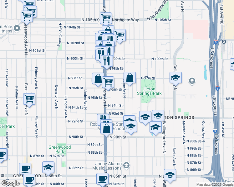 map of restaurants, bars, coffee shops, grocery stores, and more near 1200 North 96th Street in Seattle