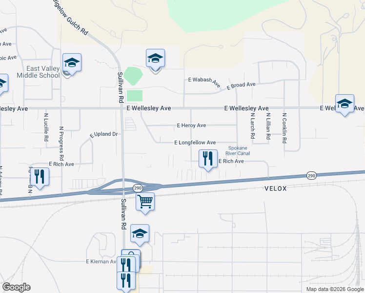 map of restaurants, bars, coffee shops, grocery stores, and more near 15815 East Longfellow Avenue in Spokane Valley