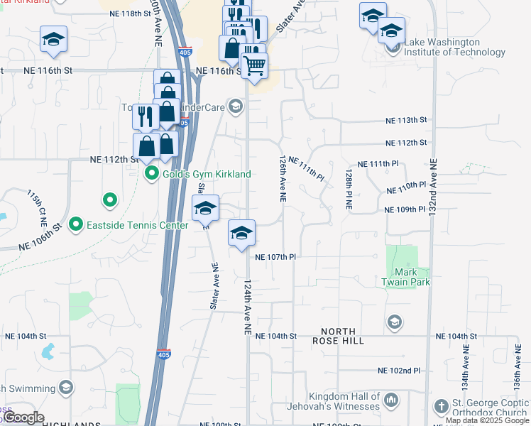 map of restaurants, bars, coffee shops, grocery stores, and more near 12418 Northeast 109th Place in Kirkland