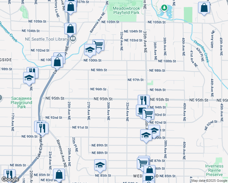map of restaurants, bars, coffee shops, grocery stores, and more near 3011 Northeast 96th Street in Seattle
