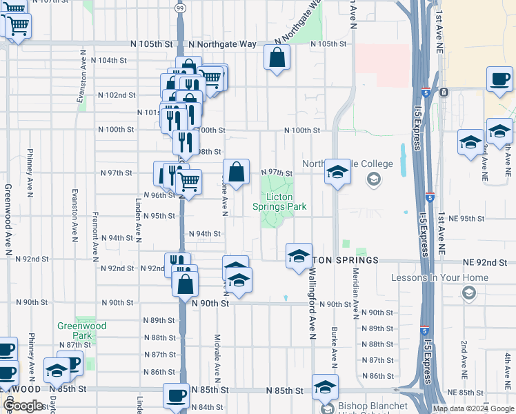 map of restaurants, bars, coffee shops, grocery stores, and more near 9523 Ashworth Avenue North in Seattle