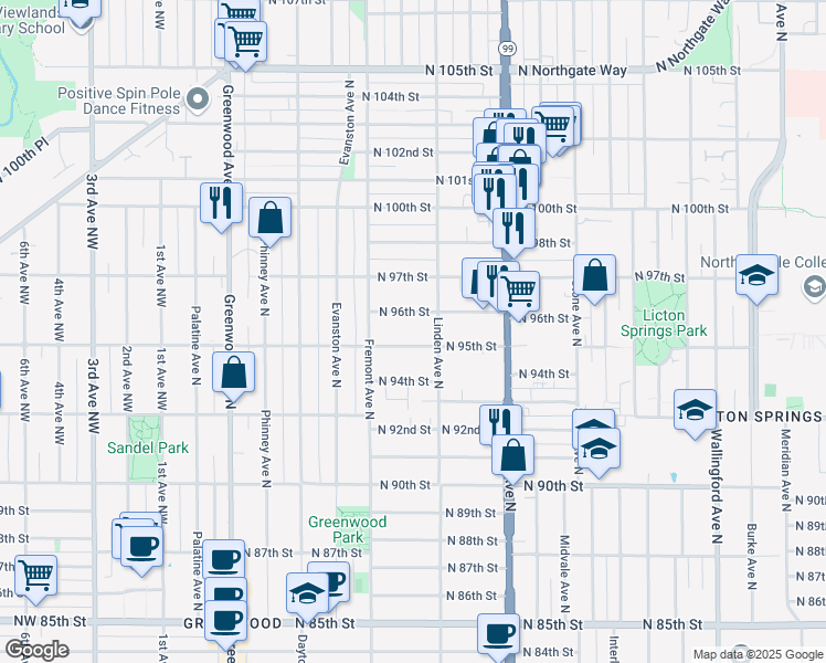 map of restaurants, bars, coffee shops, grocery stores, and more near 721 North 96th Street in Seattle