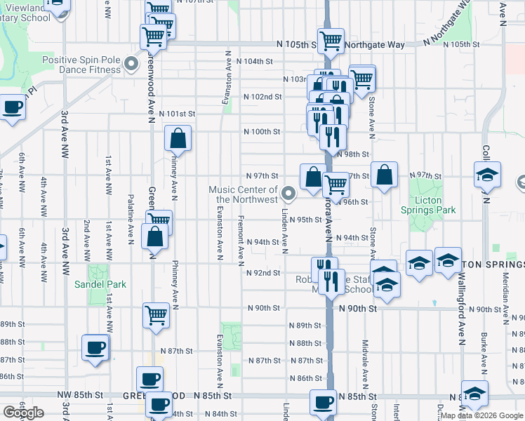 map of restaurants, bars, coffee shops, grocery stores, and more near 721 North 96th Street in Seattle