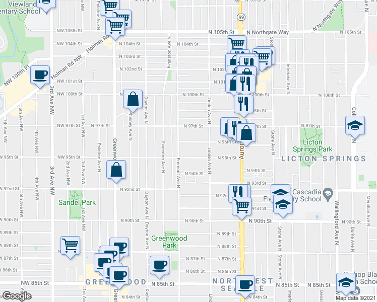 map of restaurants, bars, coffee shops, grocery stores, and more near 721 North 96th Street in Seattle