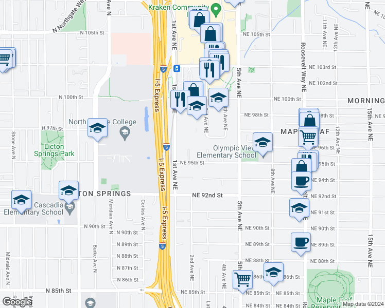map of restaurants, bars, coffee shops, grocery stores, and more near 132 Northeast 95th Street in Seattle