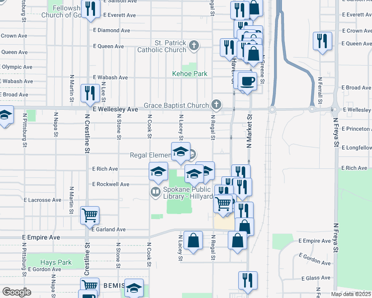 map of restaurants, bars, coffee shops, grocery stores, and more near 2708 East Heroy Avenue in Spokane