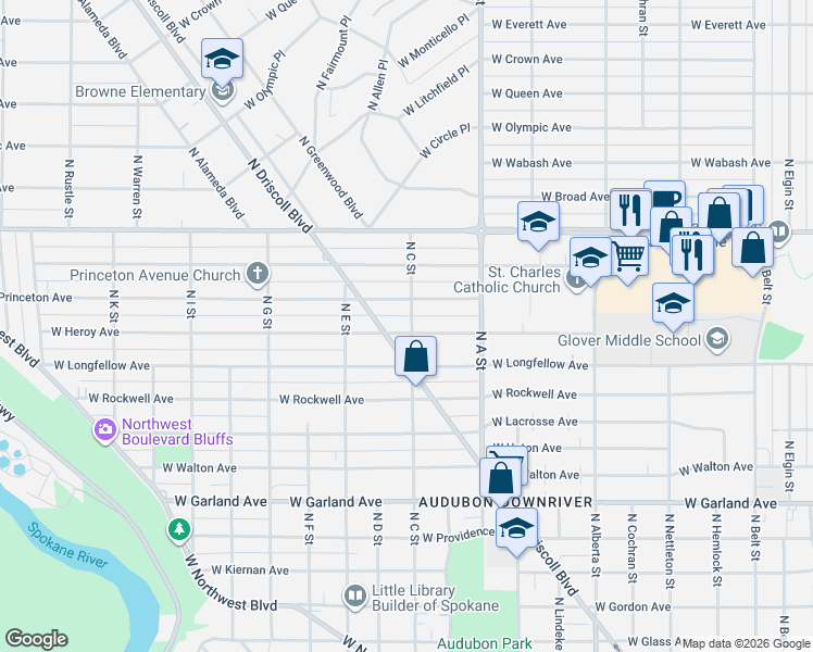 map of restaurants, bars, coffee shops, grocery stores, and more near 4414 North Driscoll Boulevard in Spokane