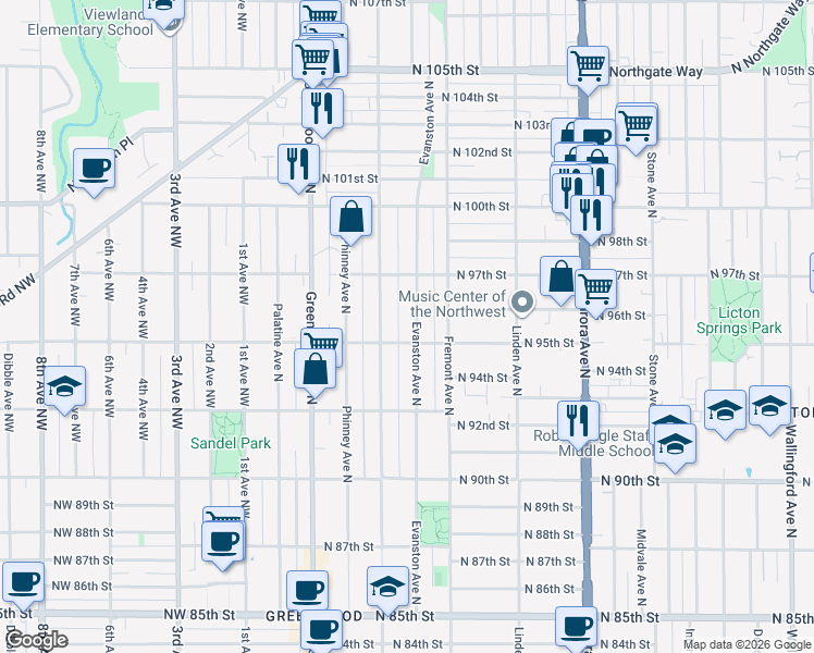 map of restaurants, bars, coffee shops, grocery stores, and more near 9518 Dayton Avenue North in Seattle