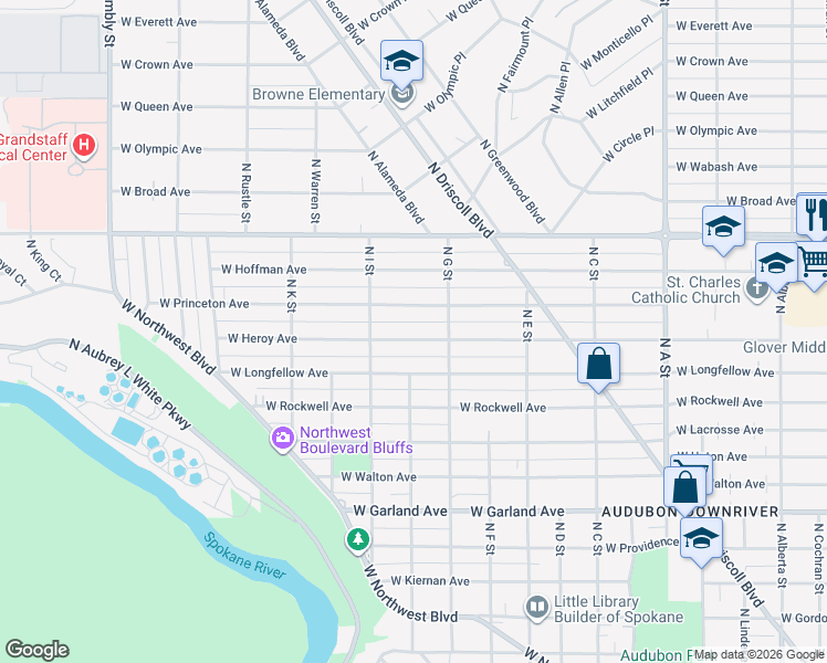 map of restaurants, bars, coffee shops, grocery stores, and more near 3524 West Heroy Avenue in Spokane