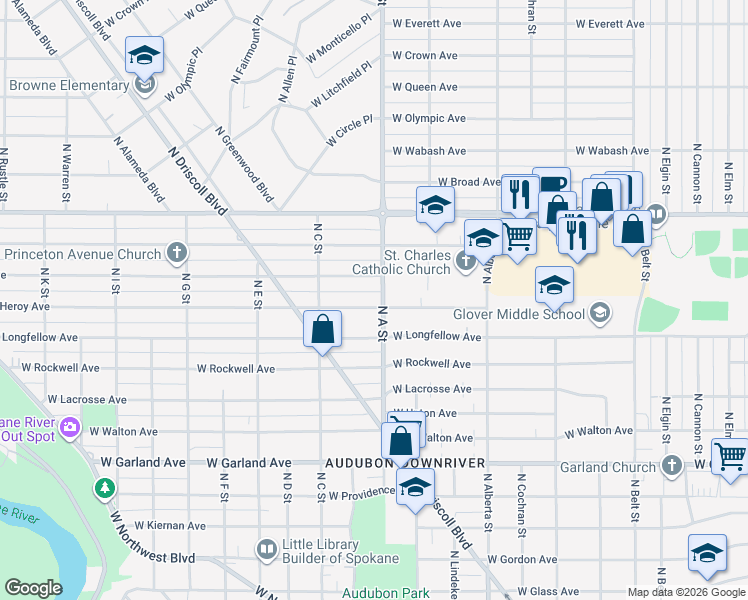 map of restaurants, bars, coffee shops, grocery stores, and more near 2908 West Heroy Avenue in Spokane