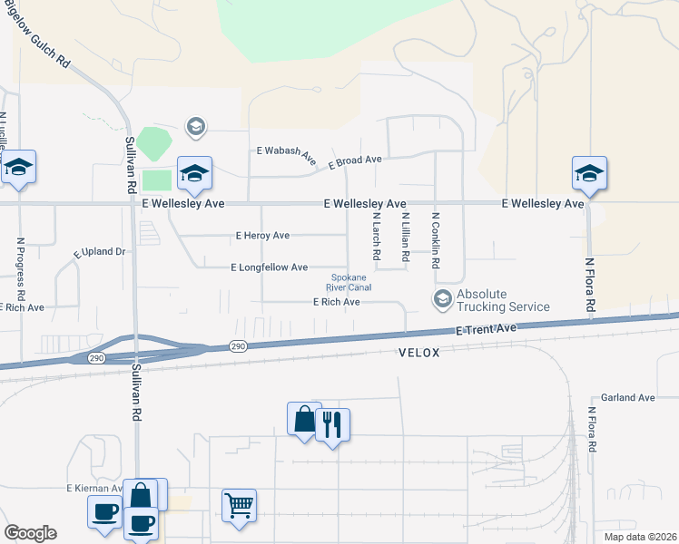 map of restaurants, bars, coffee shops, grocery stores, and more near 16126 East Longfellow Avenue in Spokane Valley