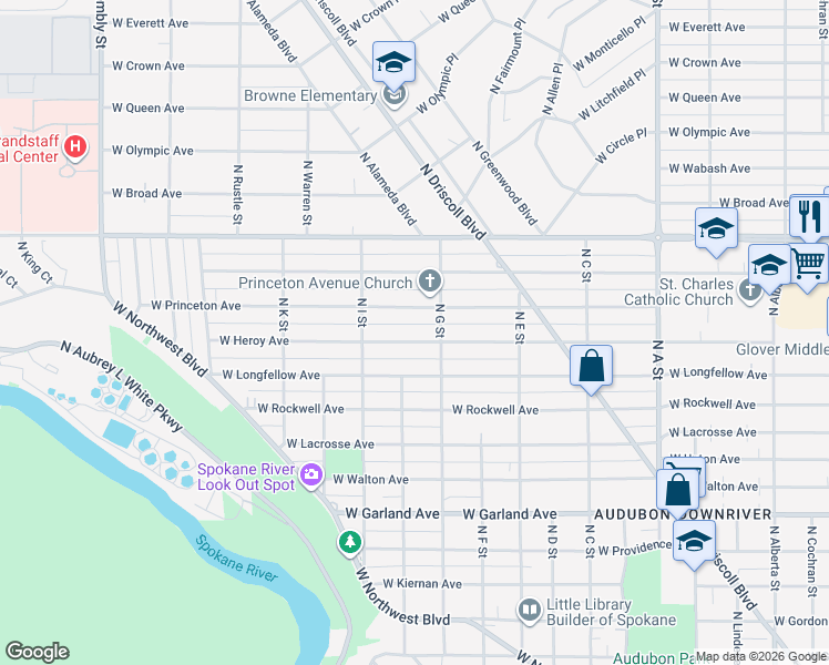 map of restaurants, bars, coffee shops, grocery stores, and more near 3524 West Heroy Avenue in Spokane