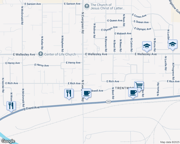 map of restaurants, bars, coffee shops, grocery stores, and more near 13925 East Longfellow Avenue in Spokane Valley