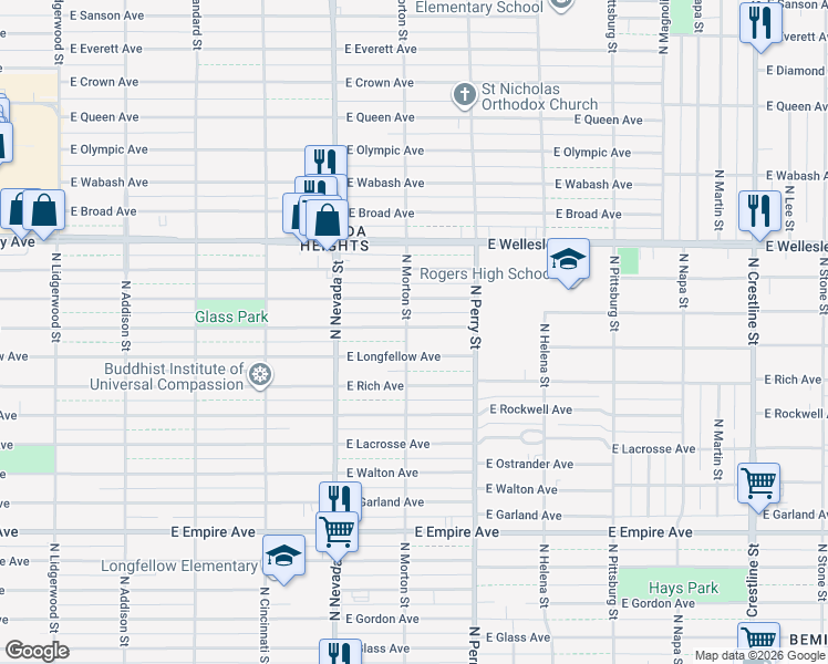 map of restaurants, bars, coffee shops, grocery stores, and more near 1215 East Heroy Avenue in Spokane