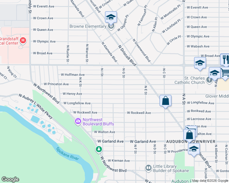map of restaurants, bars, coffee shops, grocery stores, and more near 3524 West Heroy Avenue in Spokane