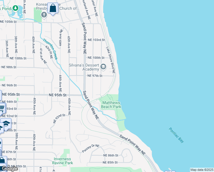 map of restaurants, bars, coffee shops, grocery stores, and more near 9545 Lake Shore Boulevard Northeast in Seattle