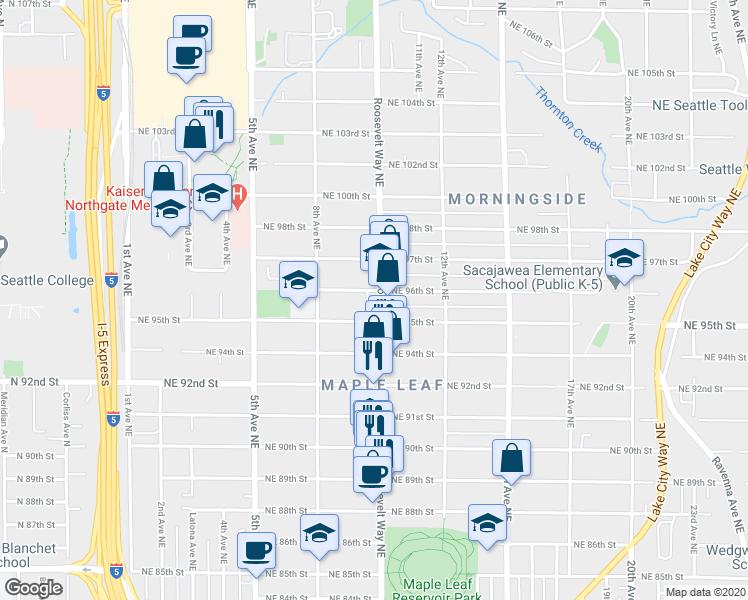 map of restaurants, bars, coffee shops, grocery stores, and more near 9526 Roosevelt Way Northeast in Seattle