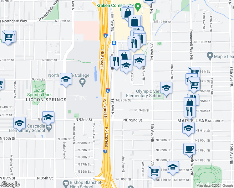 map of restaurants, bars, coffee shops, grocery stores, and more near 9522 1st Avenue Northeast in Seattle