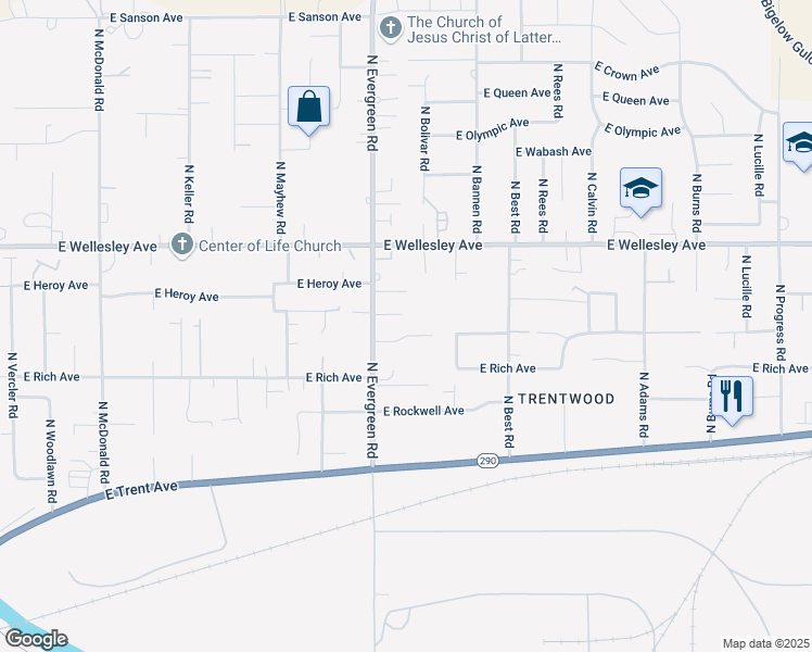 map of restaurants, bars, coffee shops, grocery stores, and more near 13925 East Longfellow Avenue in Spokane Valley