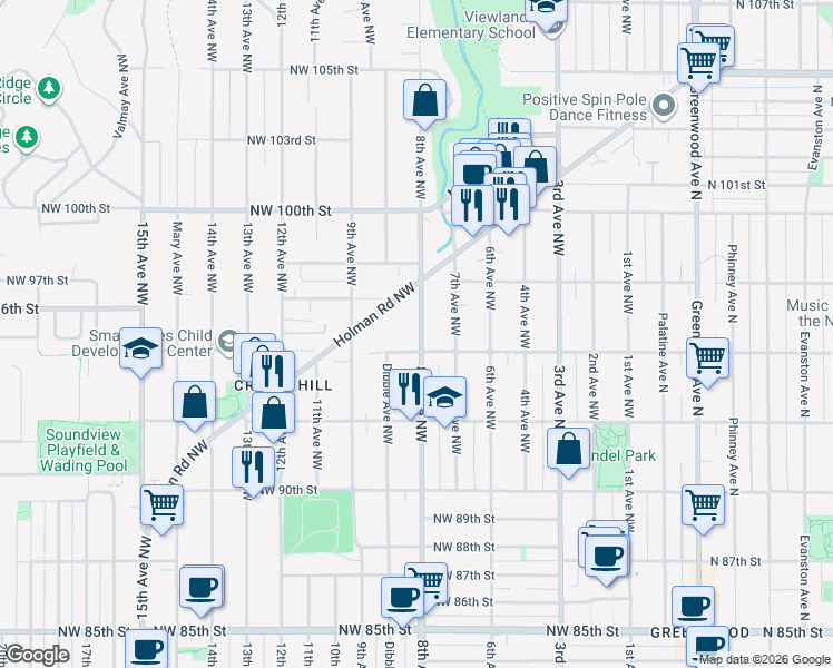 map of restaurants, bars, coffee shops, grocery stores, and more near 9517 8th Avenue Northwest in Seattle
