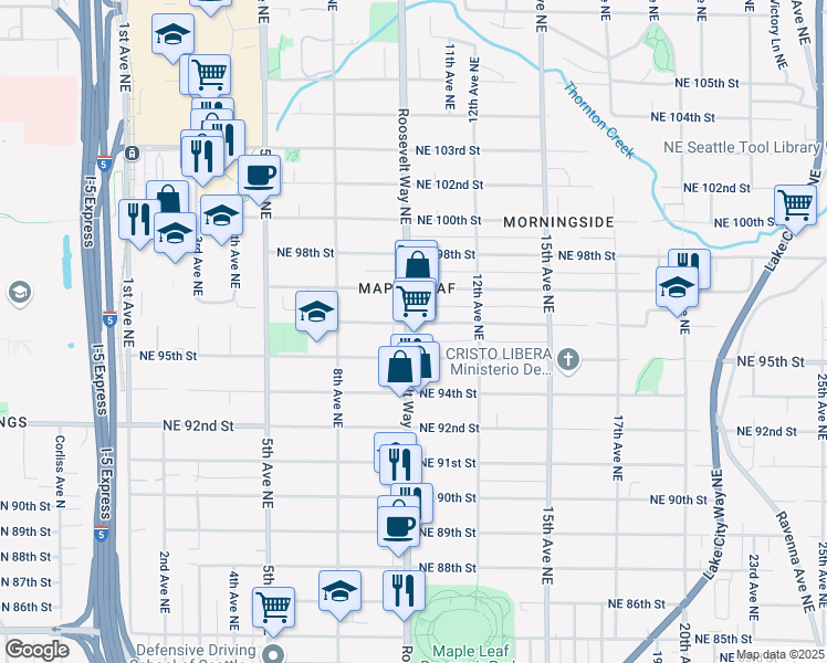map of restaurants, bars, coffee shops, grocery stores, and more near 9526 Roosevelt Way Northeast in Seattle