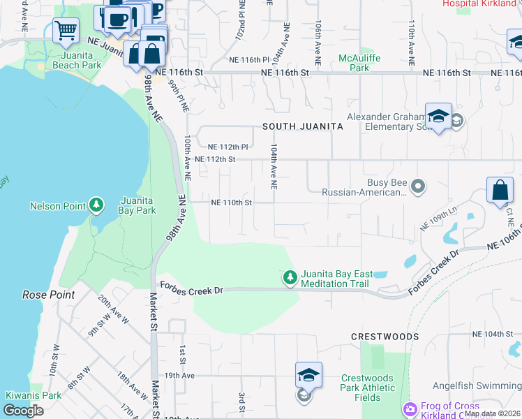 map of restaurants, bars, coffee shops, grocery stores, and more near 10329 Northeast 110th Street in Kirkland