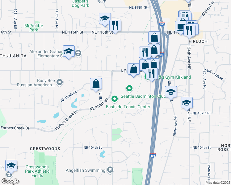 map of restaurants, bars, coffee shops, grocery stores, and more near 10930 116th Avenue Northeast in Kirkland