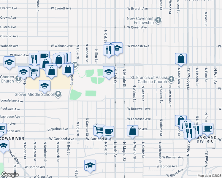 map of restaurants, bars, coffee shops, grocery stores, and more near 4327 North Ash Street in Spokane