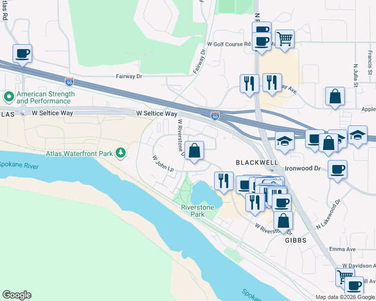 map of restaurants, bars, coffee shops, grocery stores, and more near 2155 West Riverstone Drive in Coeur d'Alene