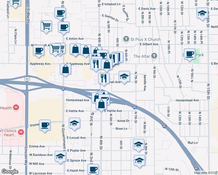 map of restaurants, bars, coffee shops, grocery stores, and more near 2231 North 5th Street in Coeur d'Alene