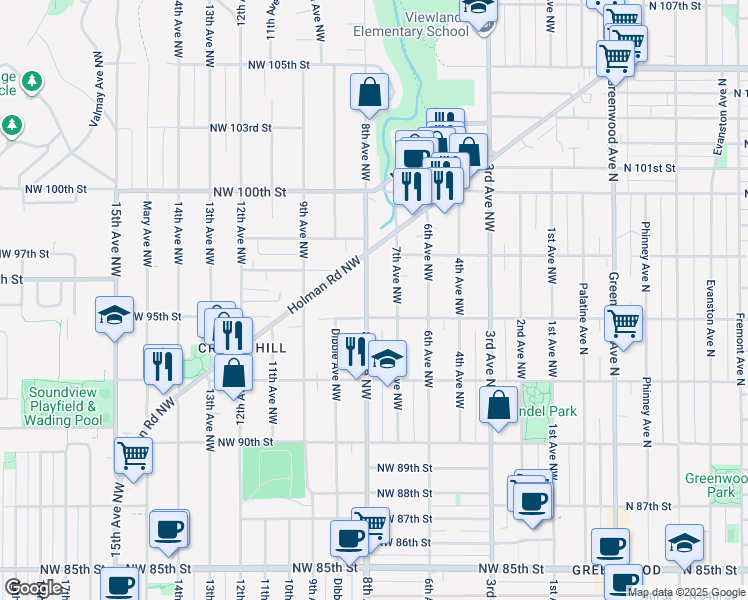map of restaurants, bars, coffee shops, grocery stores, and more near 9514 8th Avenue Northwest in Seattle