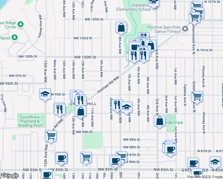 map of restaurants, bars, coffee shops, grocery stores, and more near 820 Northwest 95th Street in Seattle