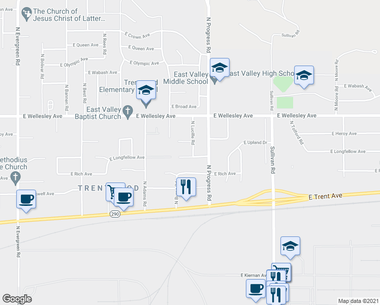 map of restaurants, bars, coffee shops, grocery stores, and more near 4515 North Lucille Road in Spokane Valley