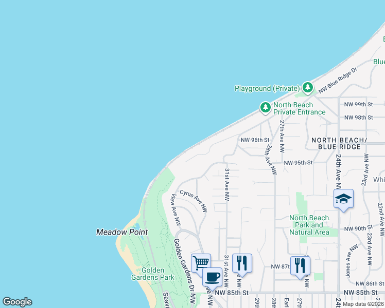 map of restaurants, bars, coffee shops, grocery stores, and more near 3242 Northwest Esplanade in Seattle