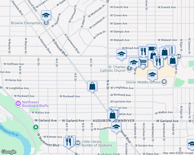 map of restaurants, bars, coffee shops, grocery stores, and more near 3016 West Heroy Avenue in Spokane