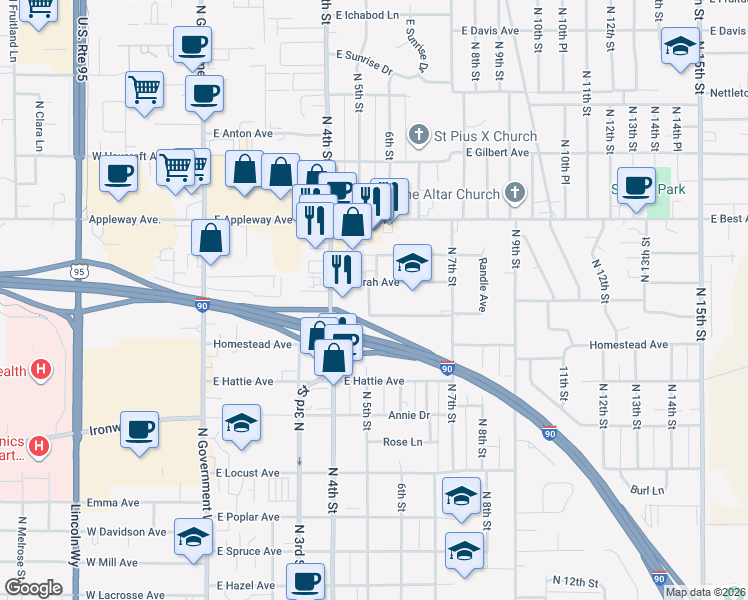 map of restaurants, bars, coffee shops, grocery stores, and more near 2231 North 5th Street in Coeur d'Alene
