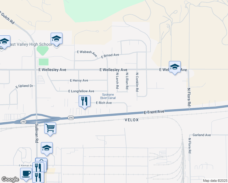 map of restaurants, bars, coffee shops, grocery stores, and more near 4513 North Larch Road in Spokane Valley